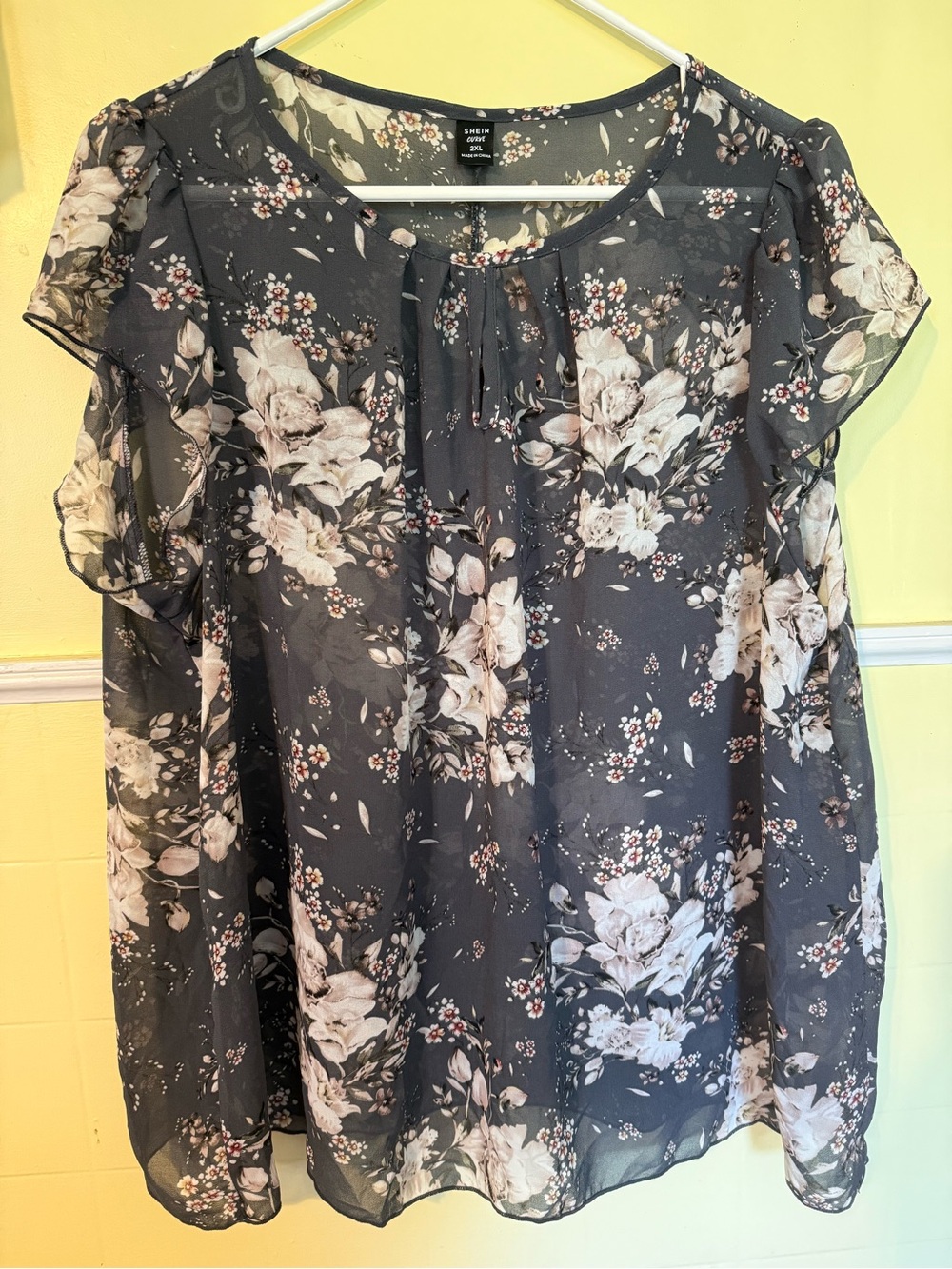 SHEIN Gray Floral Sheer Flutter Sleeve Blouse